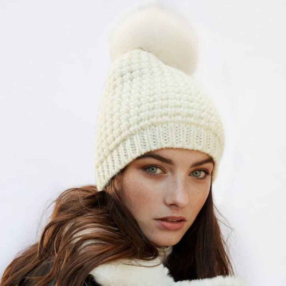 Kyi Kyi Cream Knit Beanie With A Real Fur Pom-Pom